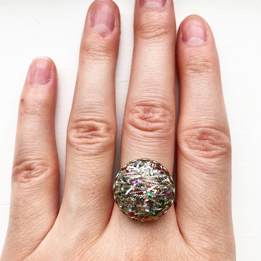 Vintage silver & colorful confetti dome ring